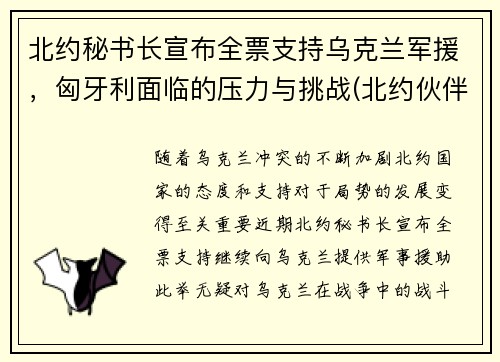 北约秘书长宣布全票支持乌克兰军援，匈牙利面临的压力与挑战(北约伙伴国)