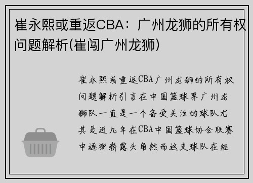 崔永熙或重返CBA：广州龙狮的所有权问题解析(崔闯广州龙狮)